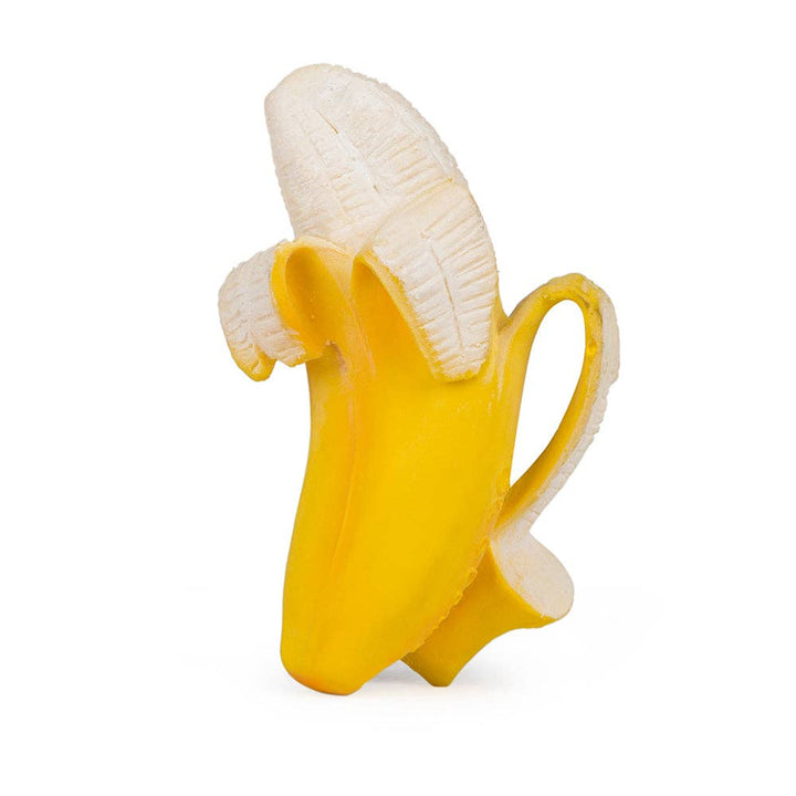 Oli & Carol Ana Banana natural rubber baby teether in yellow on white background