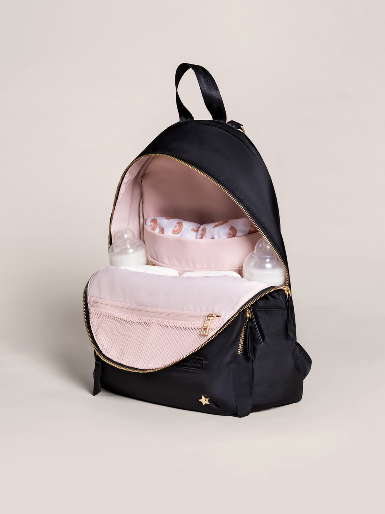 JuJuBe Everyday Diaper Backpack in Black with extra storage and insulated bottle pockets