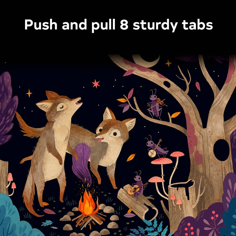 Push and pull 8 sturdy tabs bring foxes to life in Moonlight Prance board book