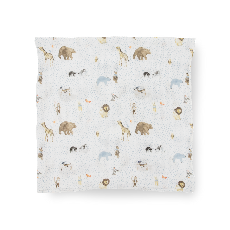 Keep your baby snug with the Party Animals muslin baby blankets from Little Unicorn.