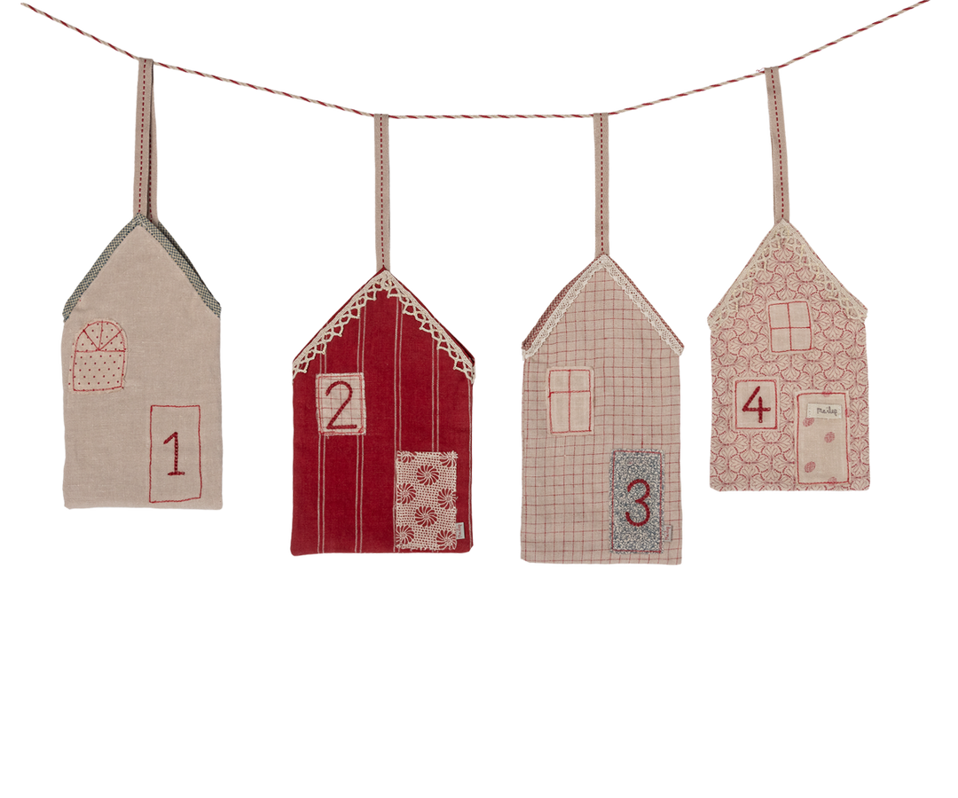 Maileg Christmas Street Advent Calendar, embroidered fabric houses for the four Sundays of Advent