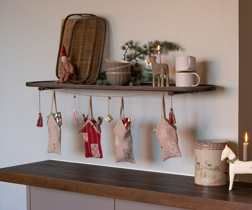 Fabric advent calendar by Maileg, Christmas Street row of linen houses for small holiday gifts
