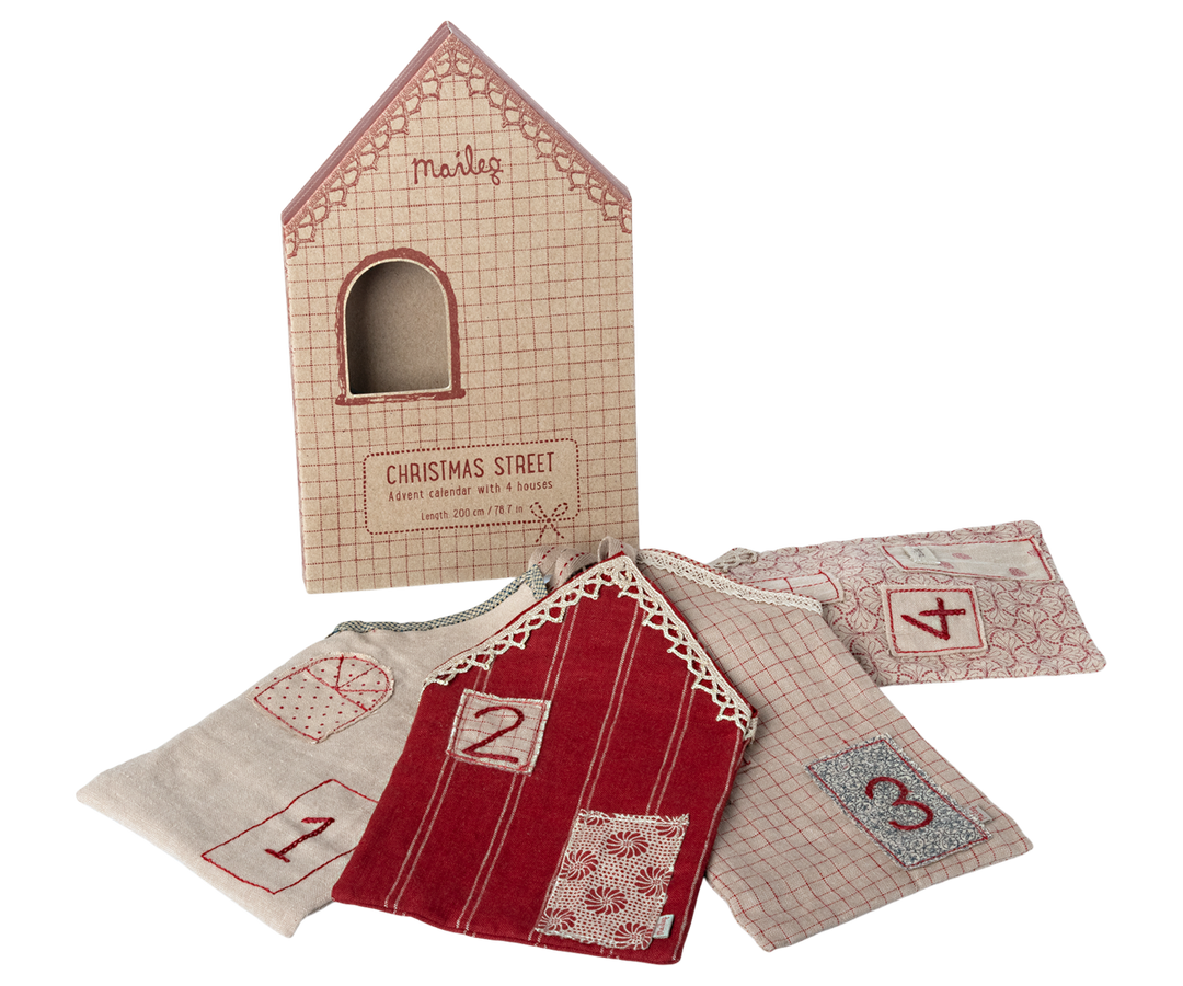 Christmas Street Advent Calendar from Maileg, embroidered house detail, heirloom holiday decor