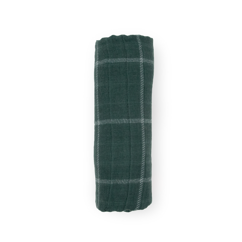 Little Unicorn muslin swaddle in Evergreen Plaid pattern, ideal for infant muslin blankets.