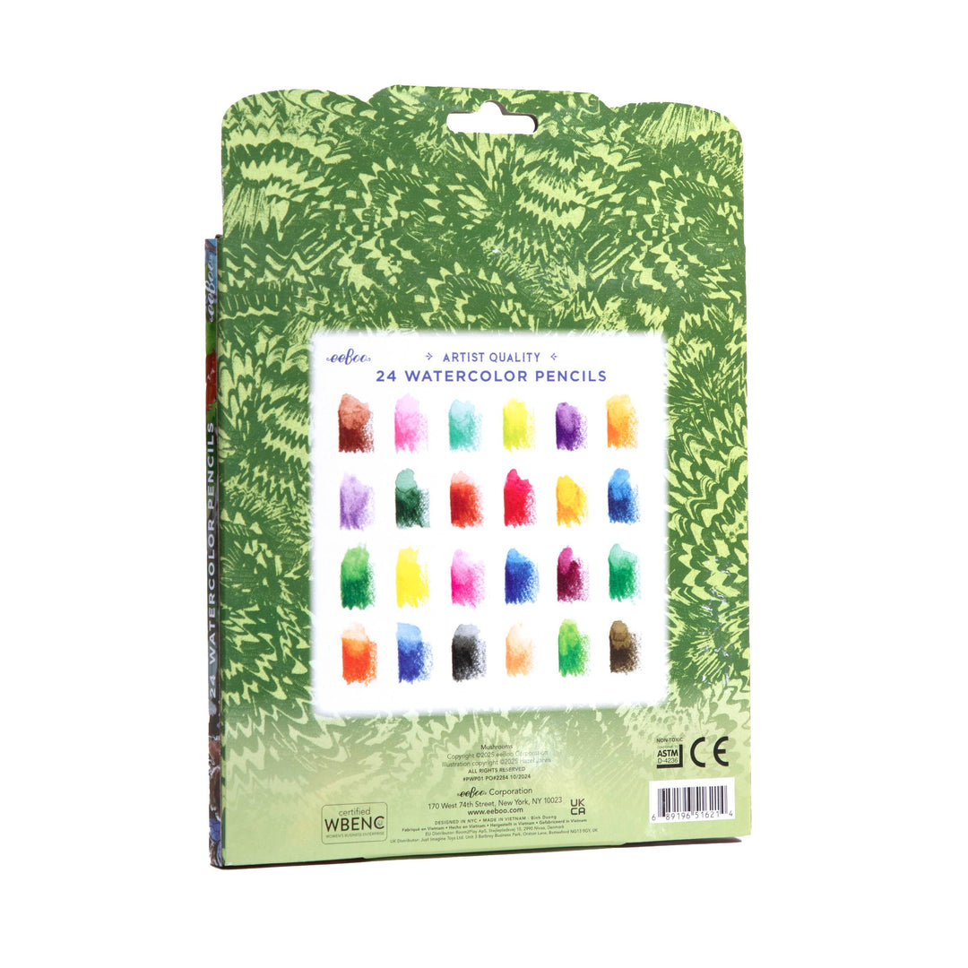 eeBoo Mushroom watercolor pencils fanned out showing silver foil barrels and earthy colors