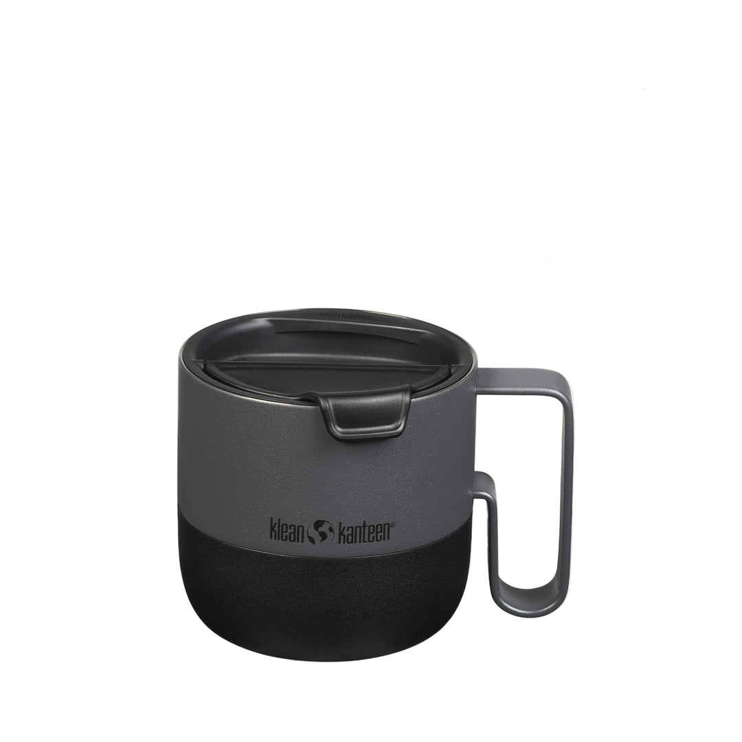 Klean Kanteen 14oz Rise Mug in Asphalt, featuring durable metal body and vacuum seal top for secure drinking
