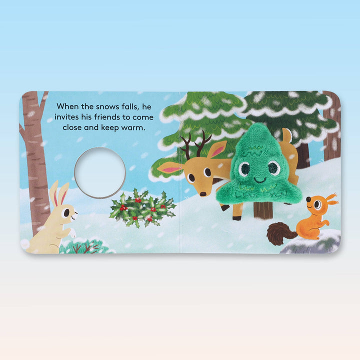 Little Fir Tree Finger Puppet Book peek-a-boo page with rabbit and fox