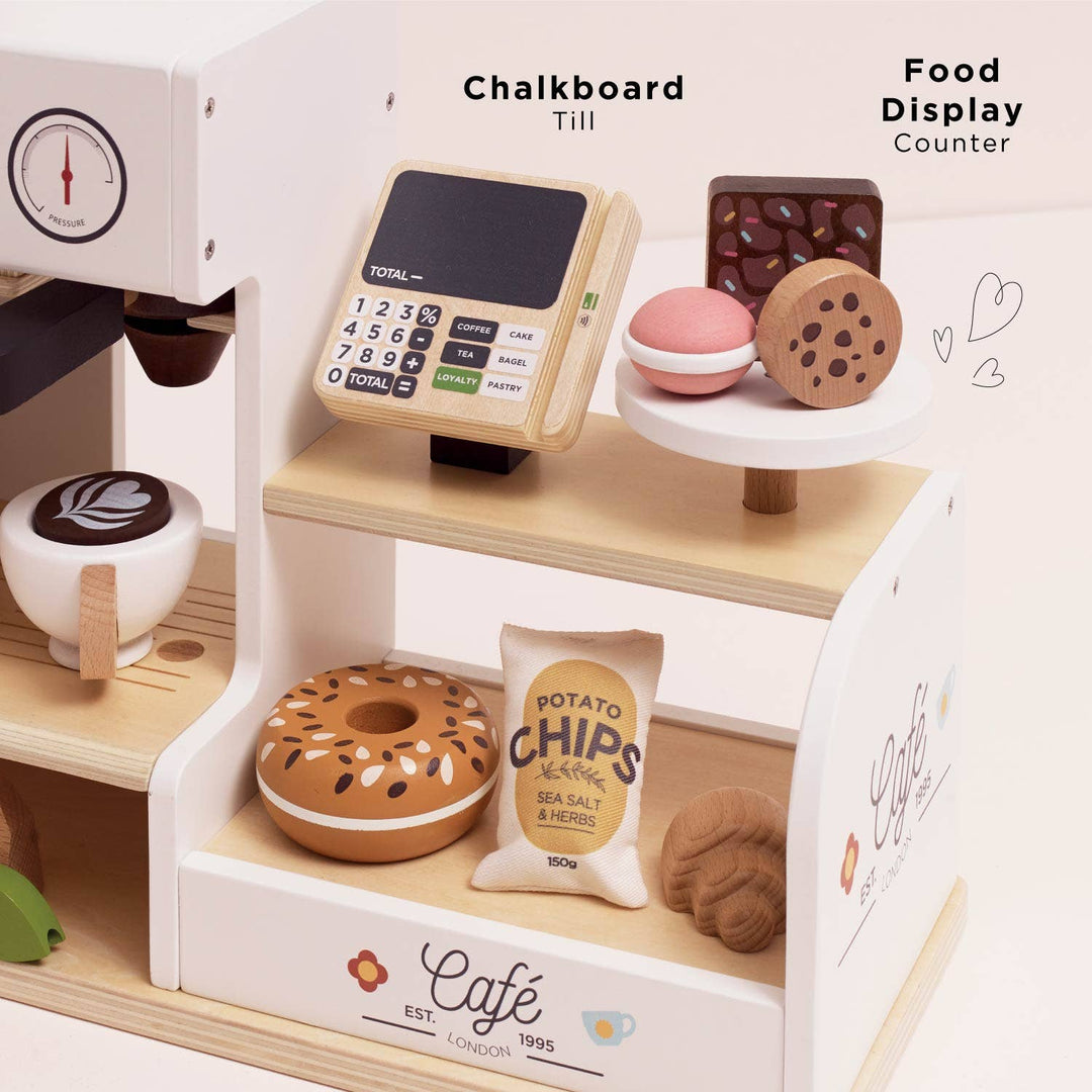 Imaginative cafŽ scenes start with Le Toy Van Barista CafŽ Shop wooden food toys set complete with cups and extras
