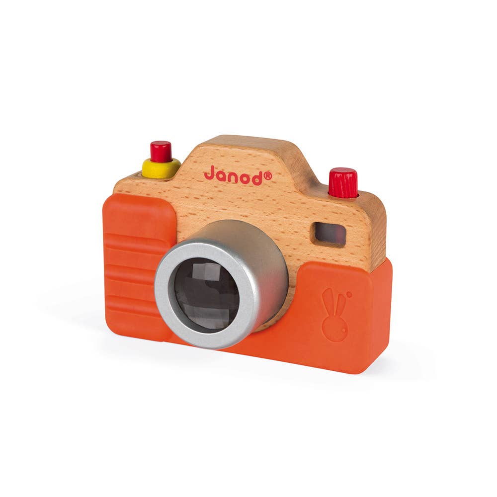 janod play pretend toy camera with working buttons and silicone orange cover