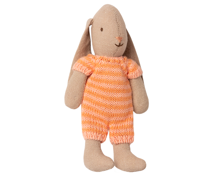 Maileg Bunny Micro Peach in striped knit romper, tiny micro bunny doll for Maileg dollhouse play