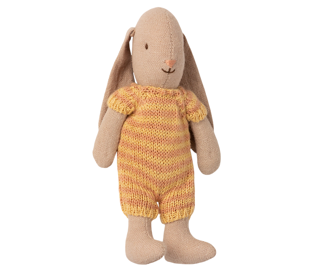 Maileg Bunny Micro Dark Powder in striped knit suit, tiny micro bunny doll for Maileg dollhouse