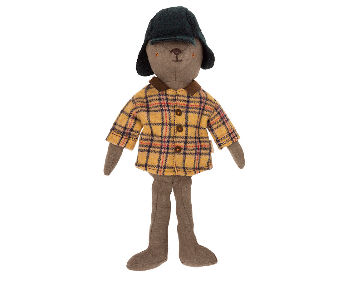 Teddy Dad dressed in Maileg Woodsman Outfit with warm hat, classic Maileg teddy bear clothes for play