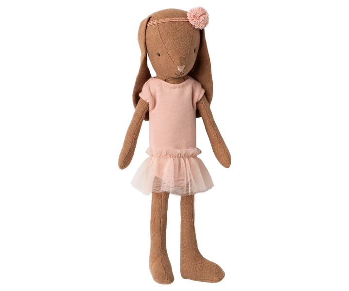 Maileg Bunny Size 2 Chocolate Brown Ballet Suit and Skirt Cream posed in soft cream tutu, perfect for whimsical Maileg toys play