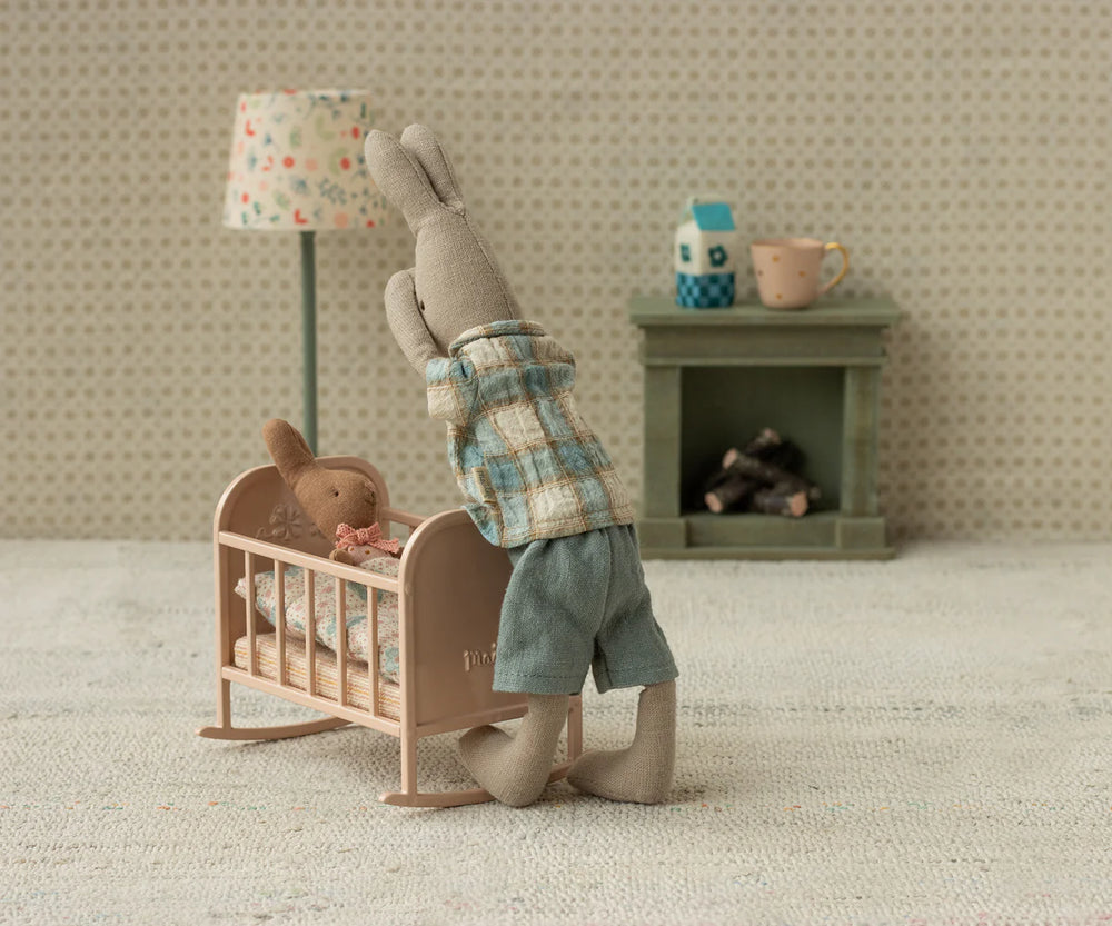 A cozy setup featuring the Maileg Classic Rabbit, ideal for decorating a Maileg mini doll house.
