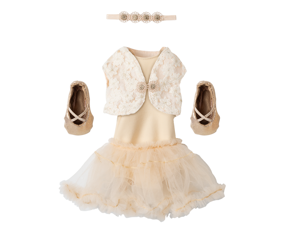 Maileg Ballet Suit and Skirt Cream Size 3 flat lay with tulle skirt, lace bolero, ballet shoes, headband