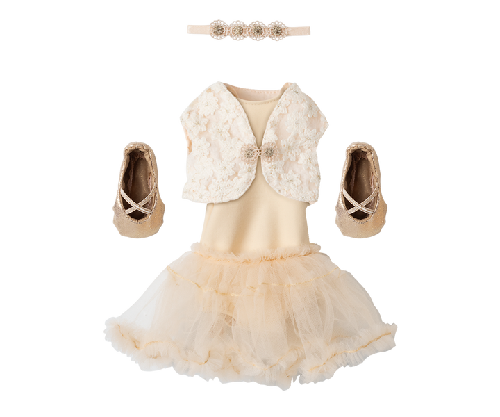 Maileg Ballet Suit and Skirt Cream Size 3 flat lay with tulle skirt, lace bolero, ballet shoes, headband