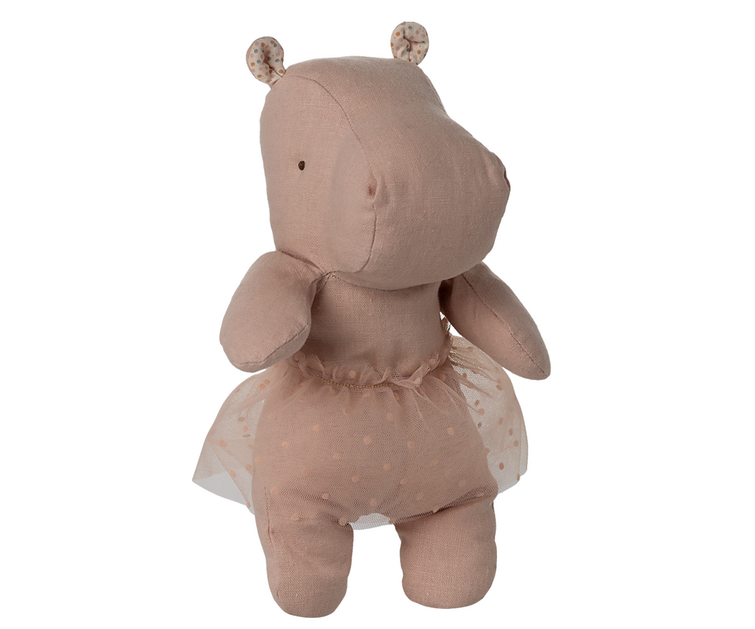 Maileg Small Hippo with skirt cute plush toy in soft rose linen with tulle skirt