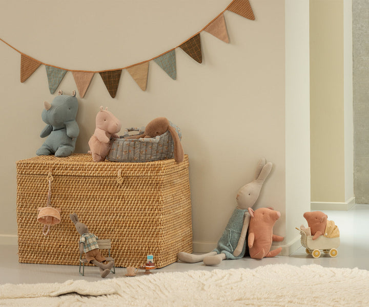 Maileg Small Hippo with skirt soft rose styled in nursery play scene with Maileg toys and basket