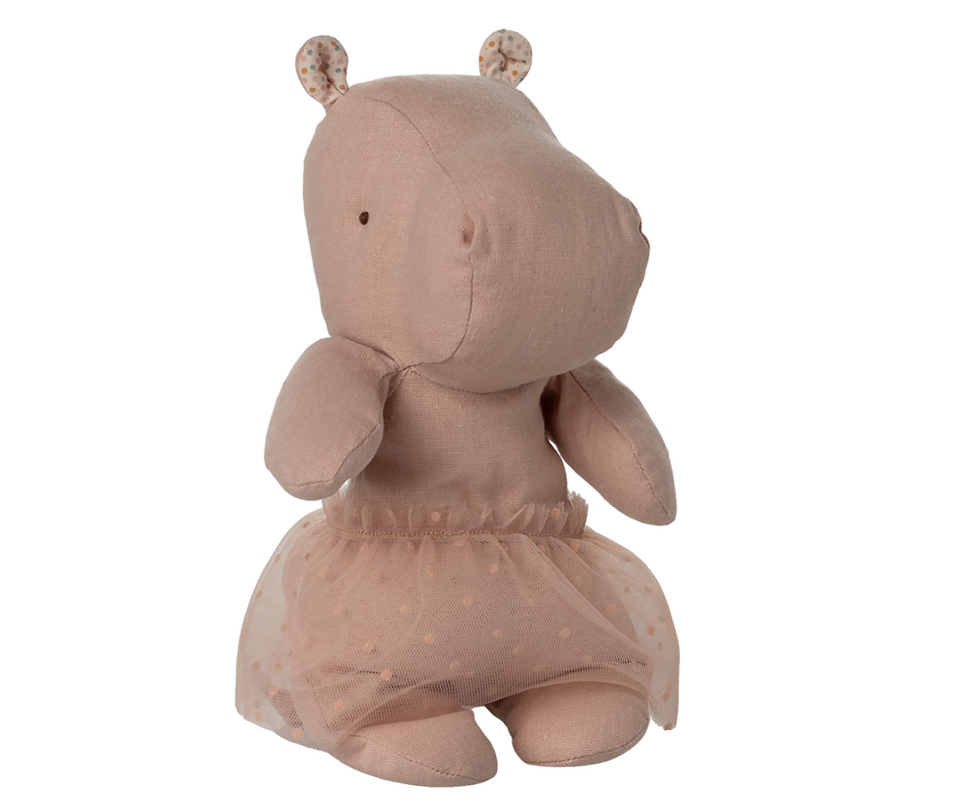 Maileg Small Hippo with skirt whimsical soft toy standing pose in blush pink tones