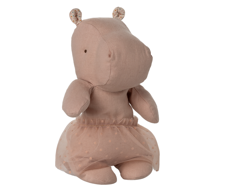 Maileg Small Hippo with skirt whimsical soft toy standing pose in blush pink tones