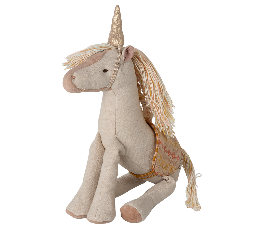 Maileg Small Unicorn plush toy with linen body and soft yarn mane in neutral tones