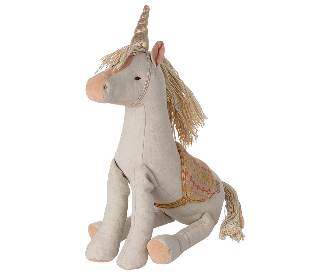 Maileg Medium Unicorn cute plush toy with linen body and yarn mane in soft neutral colors