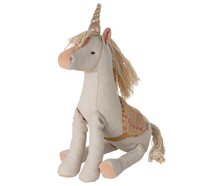 Maileg Medium Unicorn cute plush toy with linen body and yarn mane in soft neutral colors