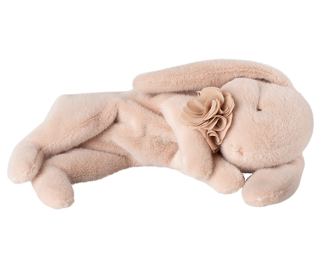 Maileg Sleeping Bunny plush small size in powder pink soft toy lying down with fabric flower detail
