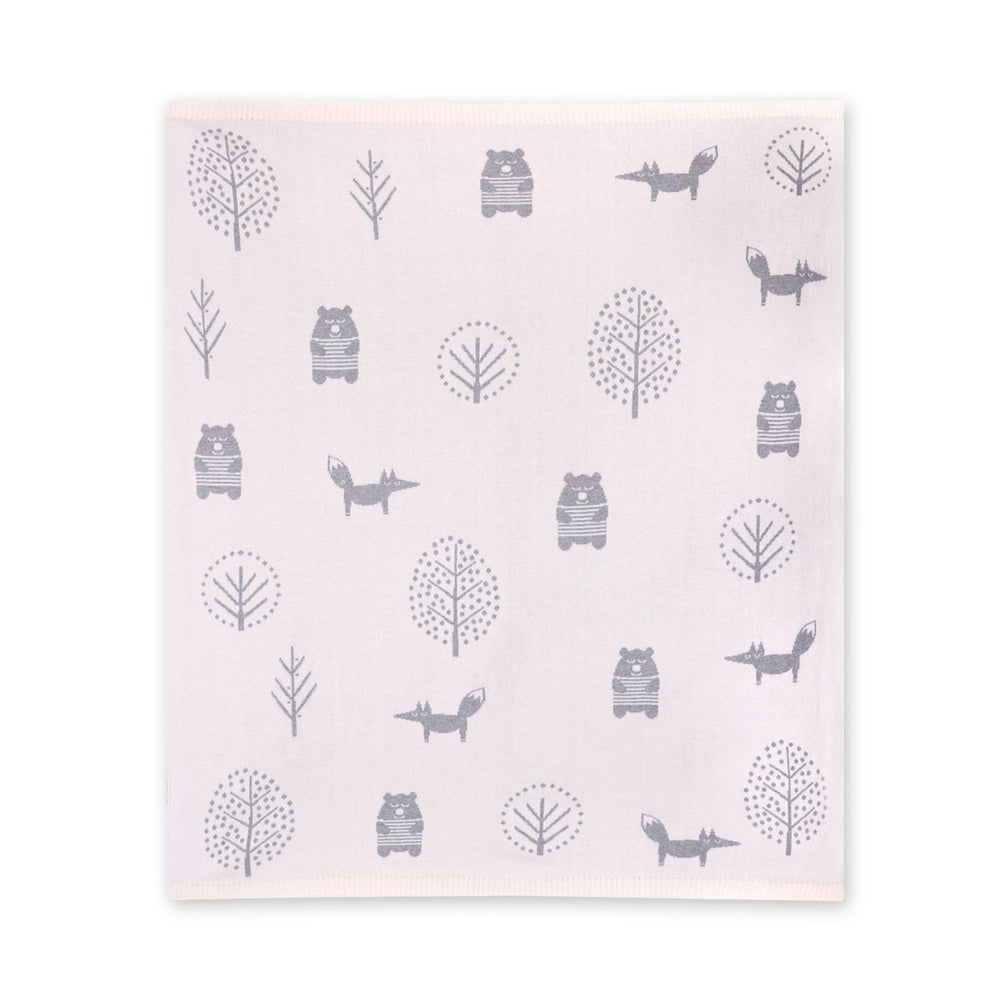 Reversible knitted baby blanket by Viverano Organics Into The Woods, perfect newborn receiving blanket for infants.
