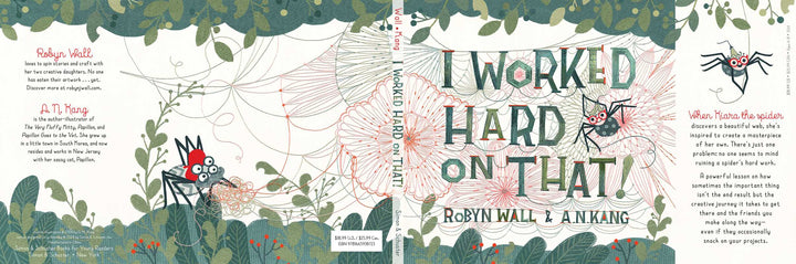 Simon & Schuster I Worked Hard on That! hardcover spread with a spider web woven through leaves