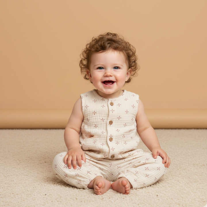 Cross print organic buttoned jumpsuit back view - MakeMake Organics full button-front baby outfit