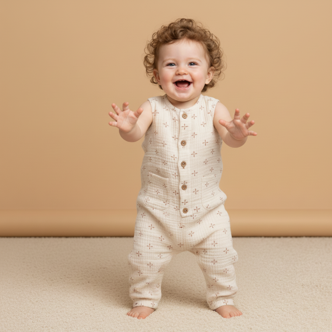 MakeMake Organics Cross Buttoned Jumpsuit - GOTS certified organic cotton button-front baby jumpsuit