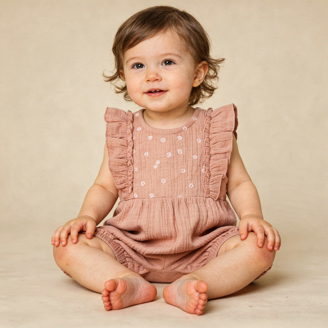 Clay embroidered ruffle romper back view - MakeMake Organics organic cotton snap closure baby romper