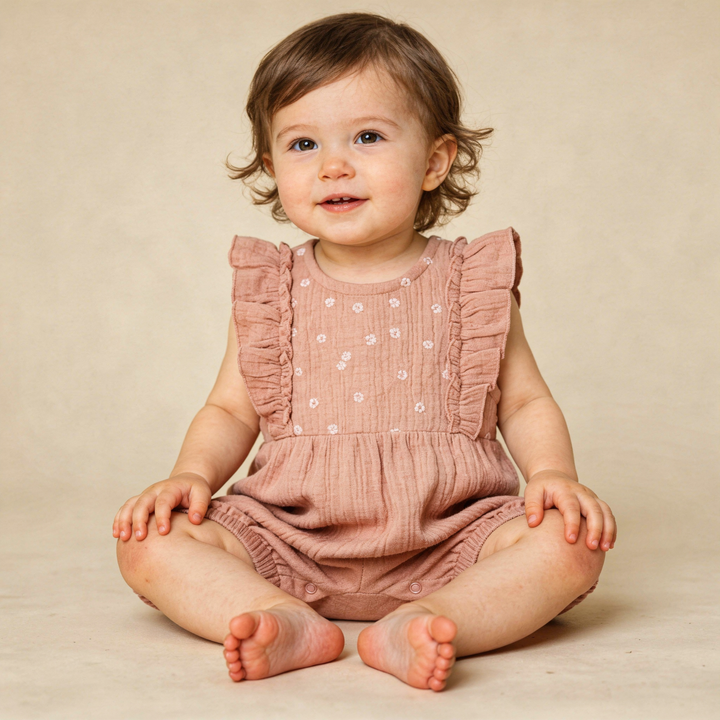 Clay embroidered ruffle romper back view - MakeMake Organics organic cotton snap closure baby romper