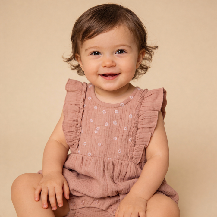 MakeMake Organics Clay Embroidered Ruffle Romper - artisan organic cotton baby romper GOTS certified