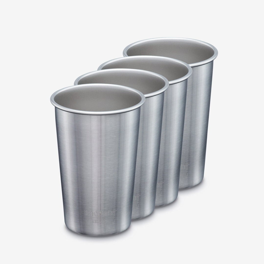Brushed stainless Klean Kanteen 16oz Pint Cup Four Pack, metal and chip resistant finish for durability.
