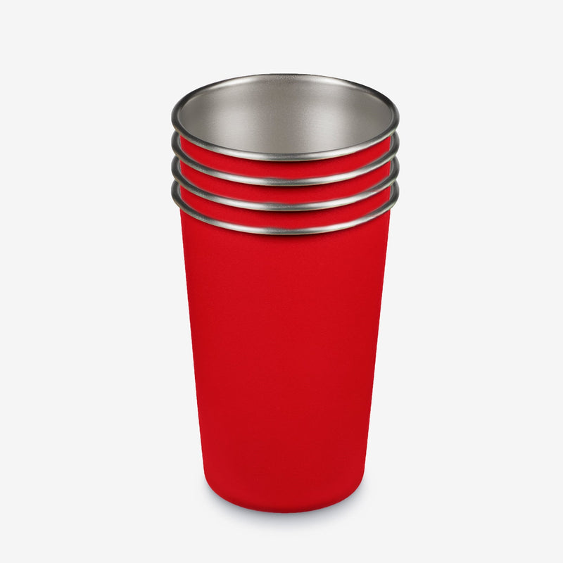 Nested Red Klean Kanteen 16oz Pint Cup Four Pack, stackable and stainless steel for convenience.