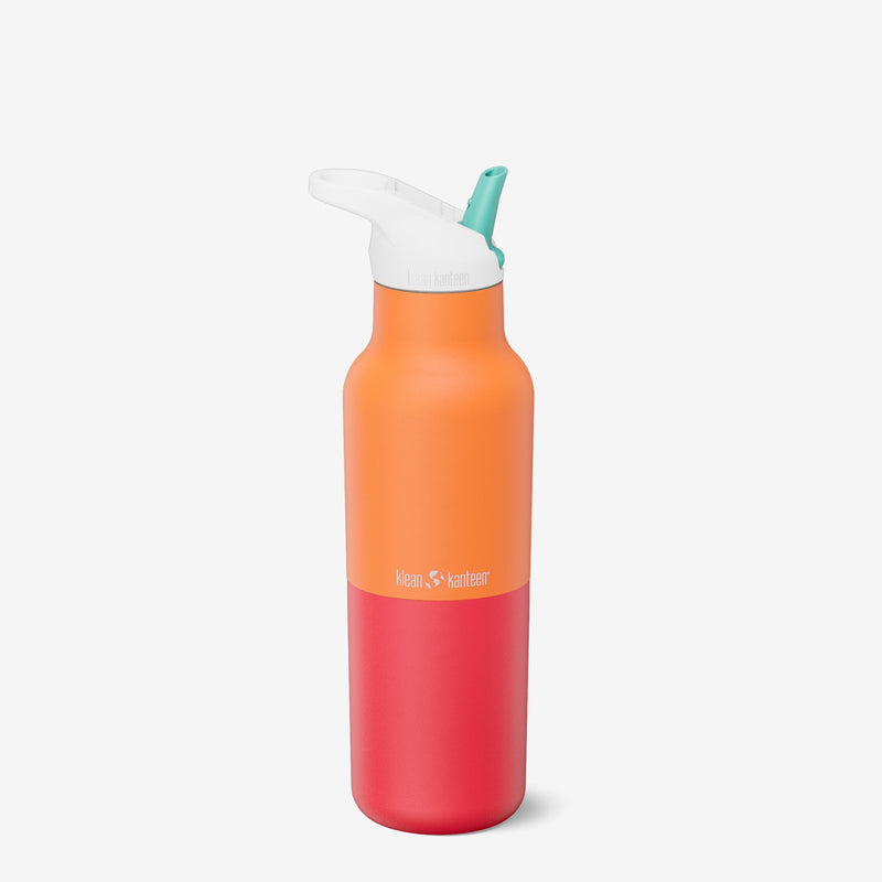 Bright Klean Kanteen 16oz Rise Classic Bottle in Marigold Kaleidoscope, made from recycled stainless steel and dishwasher safe.