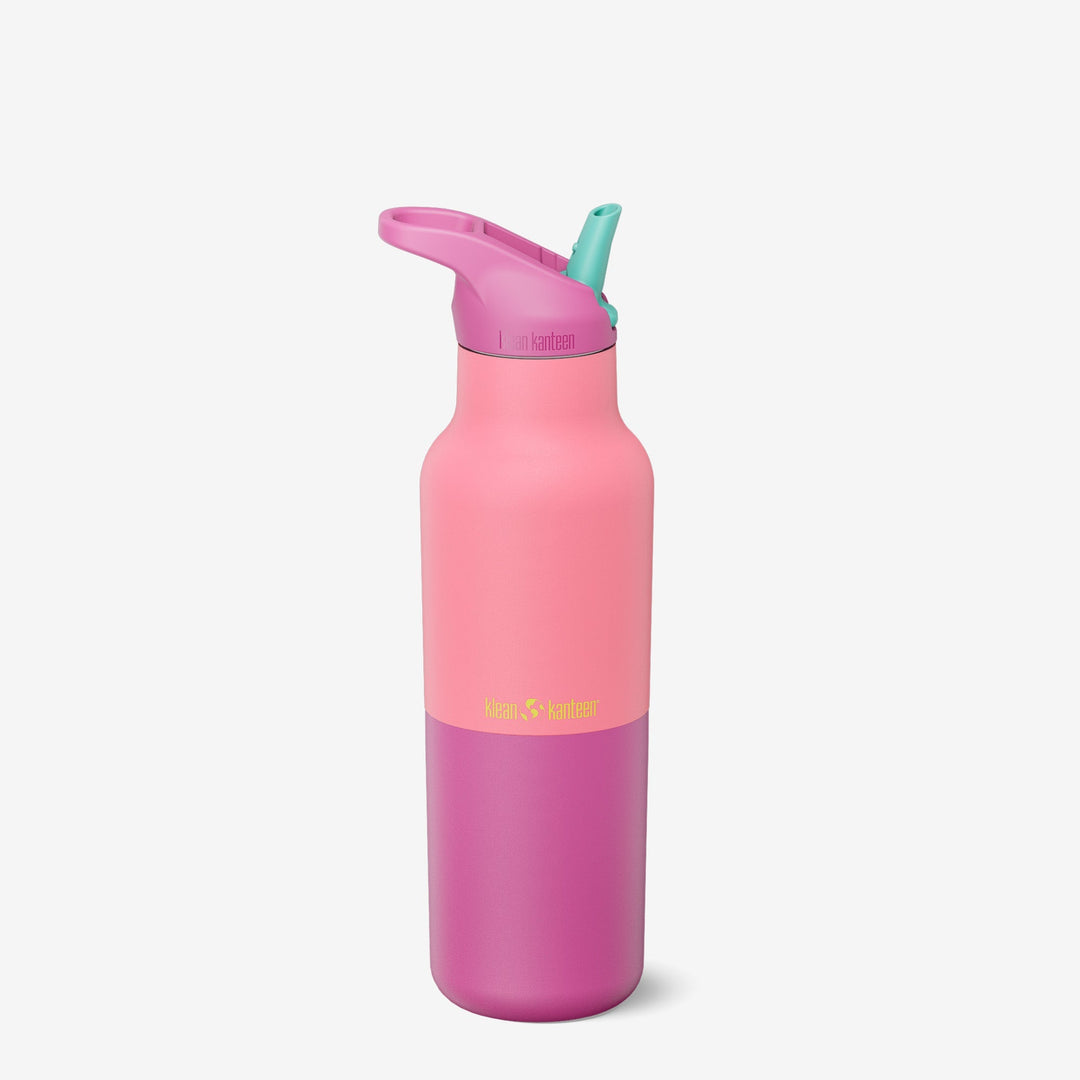 Vibrant Klean Kanteen 16oz Rise Classic Bottle in Pink Lemonade Kaleidoscope, designed for cold drinks and everyday use.