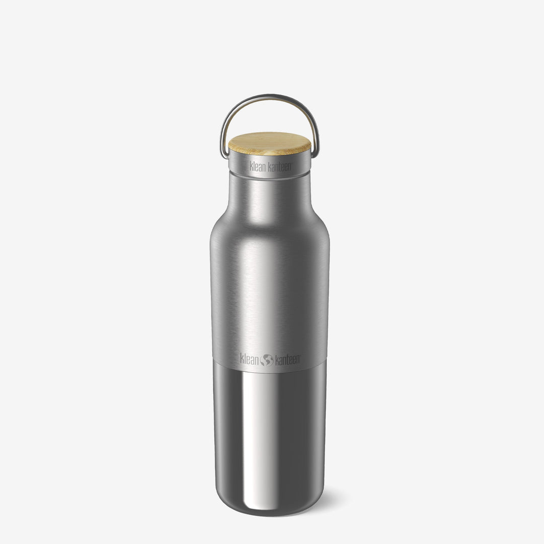 Klean Kanteen 16oz Rise Reflect Water Bottle in Silver with Bamboo Cap, made from durable stainless steel and perfect for metal drinkware lovers.