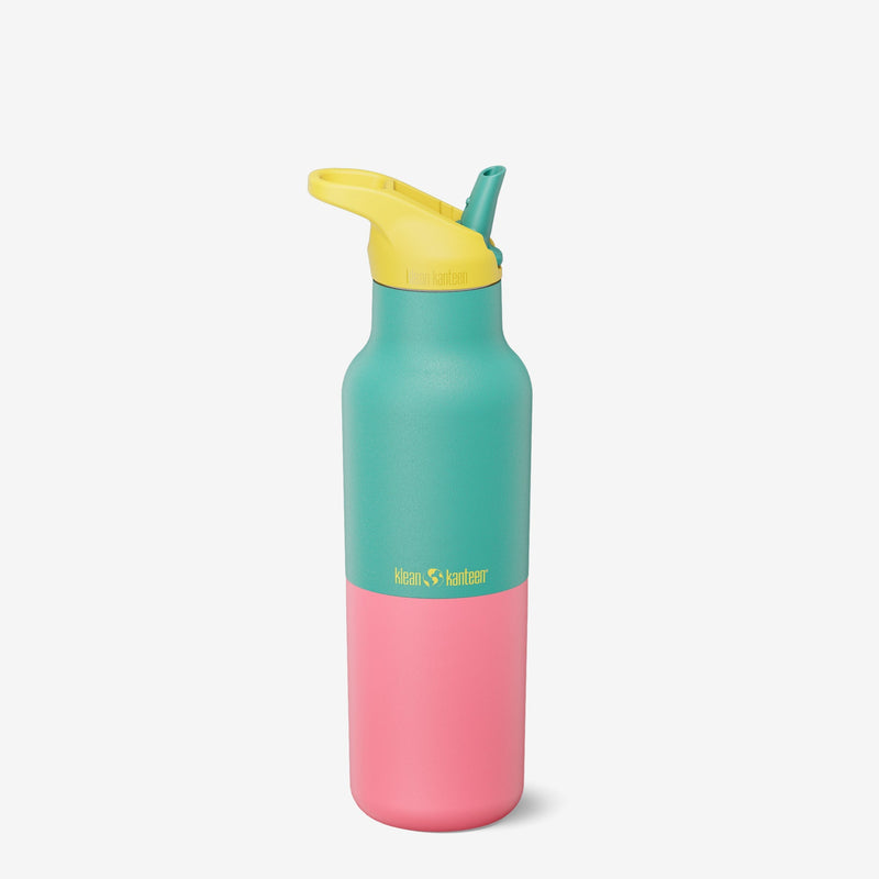 Klean Kanteen 16oz Rise Classic Water Bottle in Turquoise Kaleidoscope with Flip Seal Sport Cap, made from durable stainless steel for hydrating adventures.