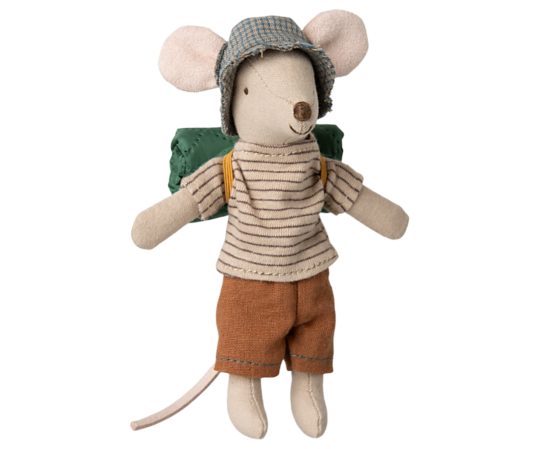 maileg hiker mouse big brother with sleeping bag and thin striped shirt