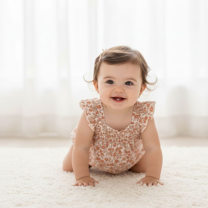 Organic sienna ruffle sleeve romper detail flat - MakeMake Organics earthy baby one-piece