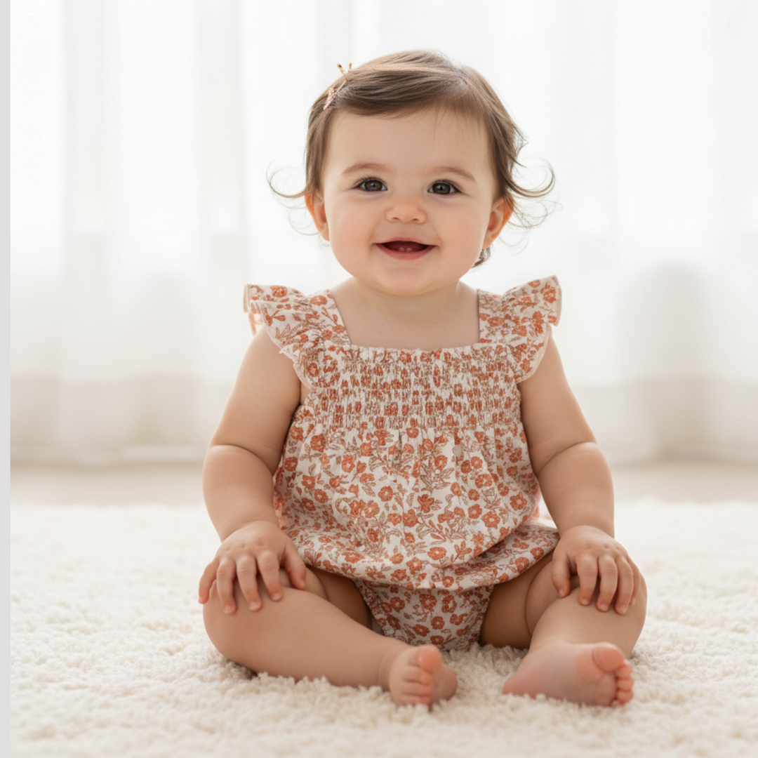 MakeMake Organics Sienna Ruffle Sleeve Bubble Romper - earthy organic cotton ruffled baby romper