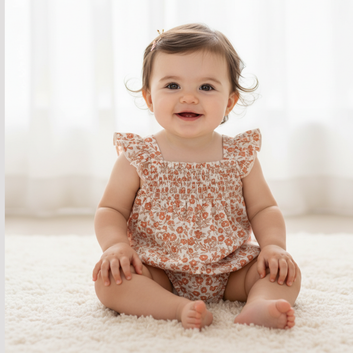 MakeMake Organics Sienna Ruffle Sleeve Bubble Romper - earthy organic cotton ruffled baby romper