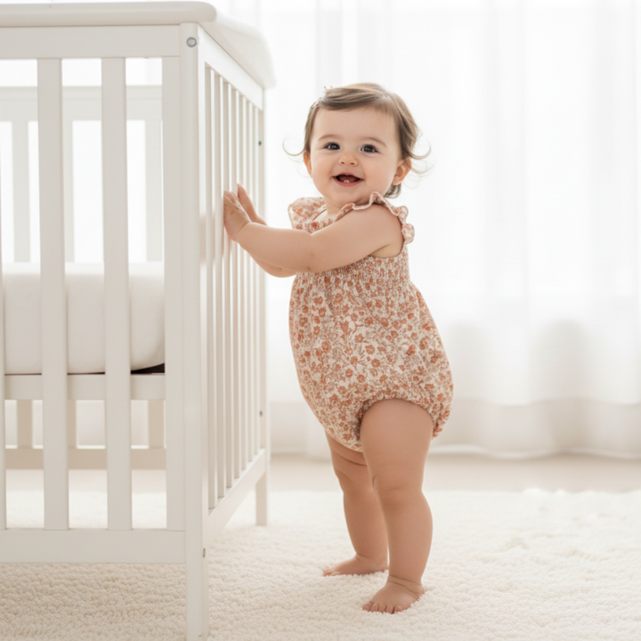 Sienna ruffle sleeve bubble romper back view - MakeMake Organics organic cotton baby romper
