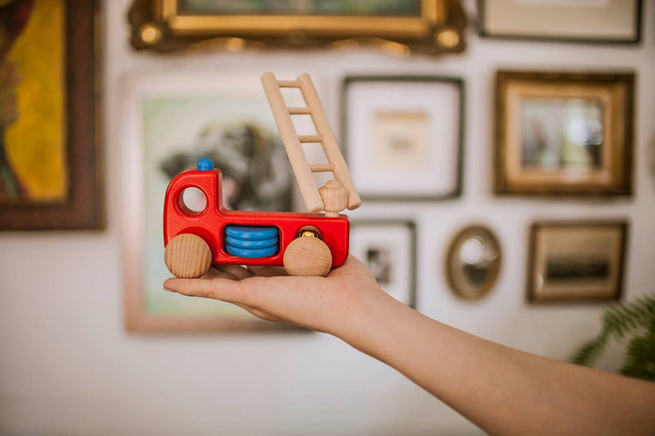 bajo wooden fire engine toy with moving ladder for infants and babies 