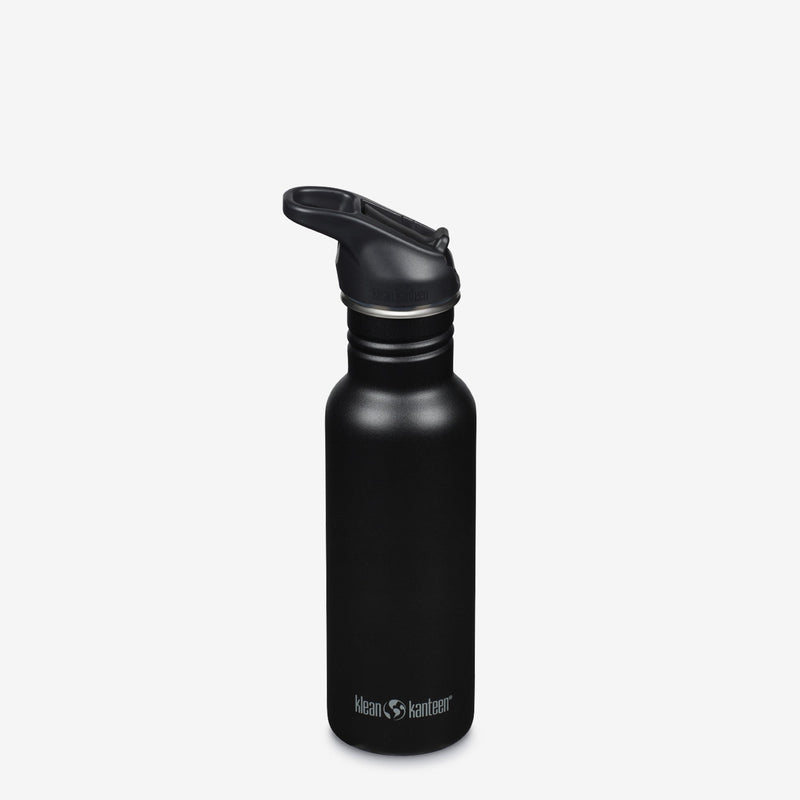 Full view of Klean Kanteen 18oz Classic with Flip Seal Sport Cap in Black, featuring chip resistant finish and insulated body