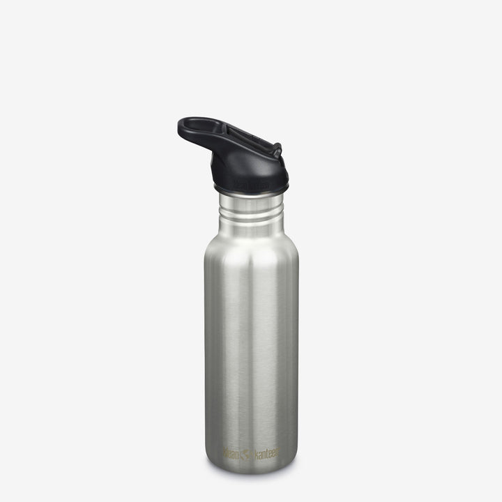 Brushed Stainless Klean Kanteen 18oz Classic with Flip Seal Sport Cap, showcasing metal build and climate controlled interior