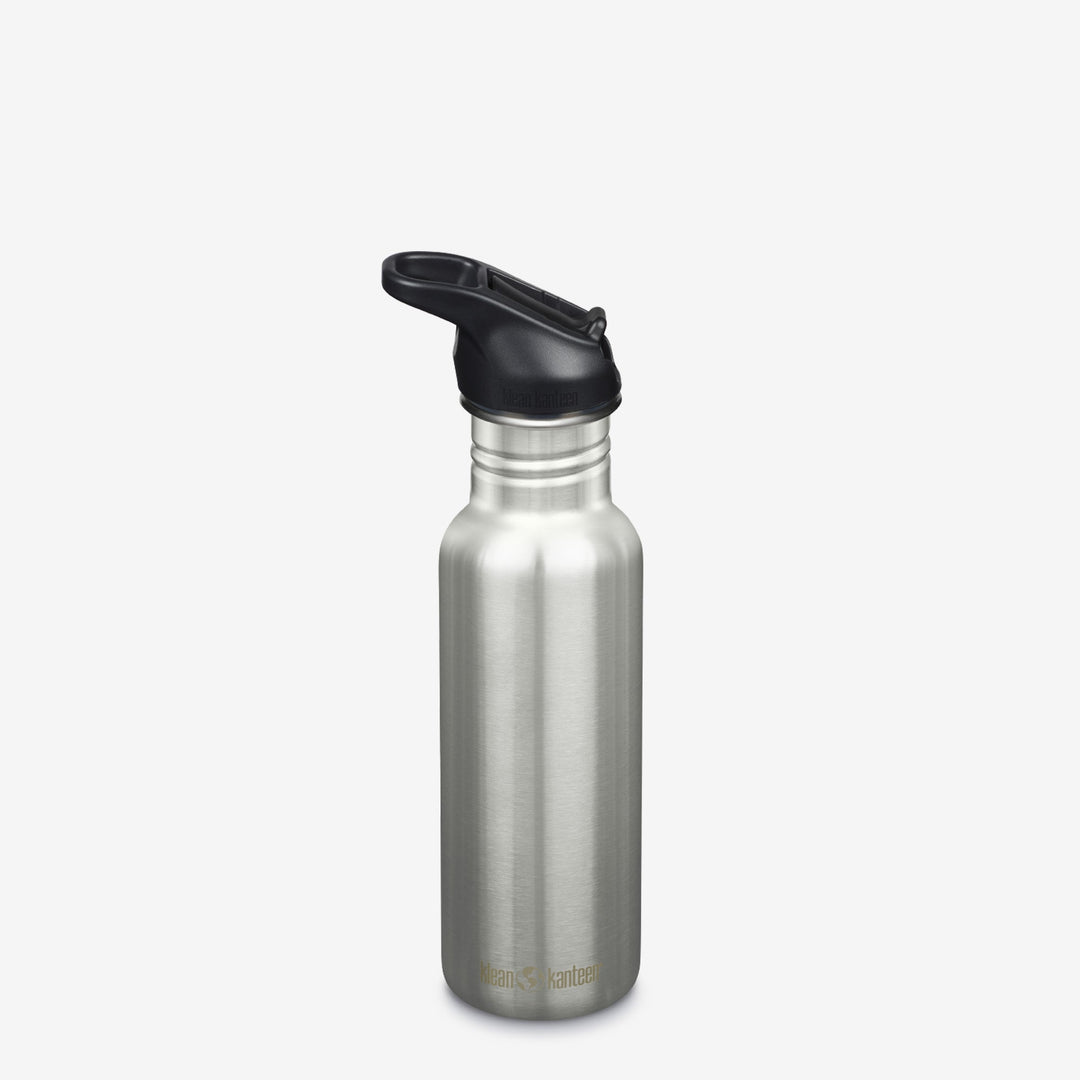 Brushed Stainless Klean Kanteen 18oz Classic with Flip Seal Sport Cap, showcasing metal build and climate controlled interior